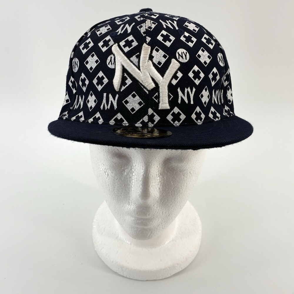 NY Monogram All Over Print Fitted Hat 7 1/8 Navy Blue Novelty Cap  (W9)
